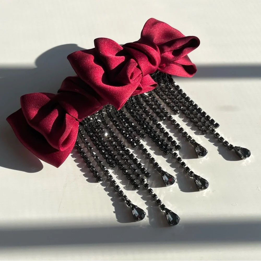 Free People NWOT Red Bow Black Rhinestone Dangle Charm Hair Clip Barrette